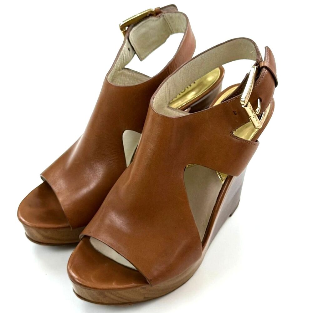 Michael Kors Women's Josephine Leather Platform Wedge Sandals Brown Size 6.5